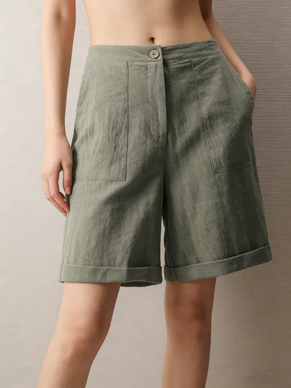 Women's High Waist Cotton Linen Blend Shorts  Elastic Waist with Pockets Summer Casual Loose Wide Leg Rolled Hem Female Pants