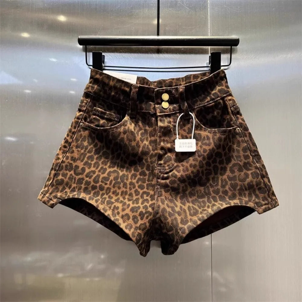 2026 Leopard Print High Waist Denim Shorts Women's New Irregular Fashion Wide-leg Booty Jeans Mini Shorts Summer Streetwear