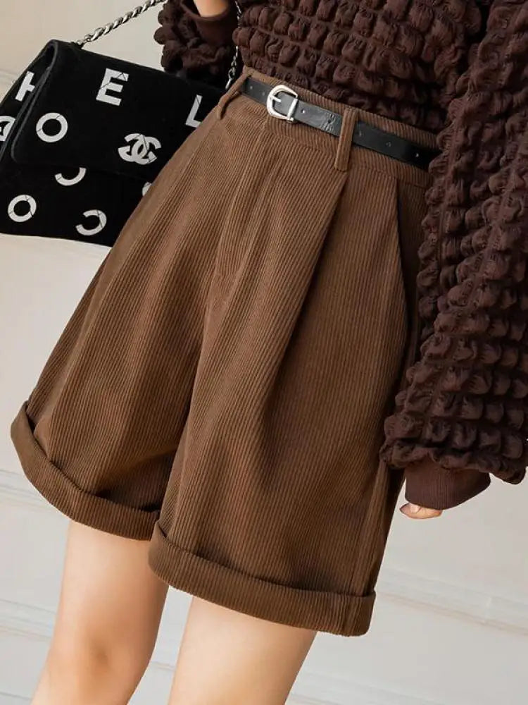 2026 New Black Corduroy Women's Shorts Autumn Winter Brown High Waist Straight Wide Leg Shorts Vintage Female Plus Size Casual
